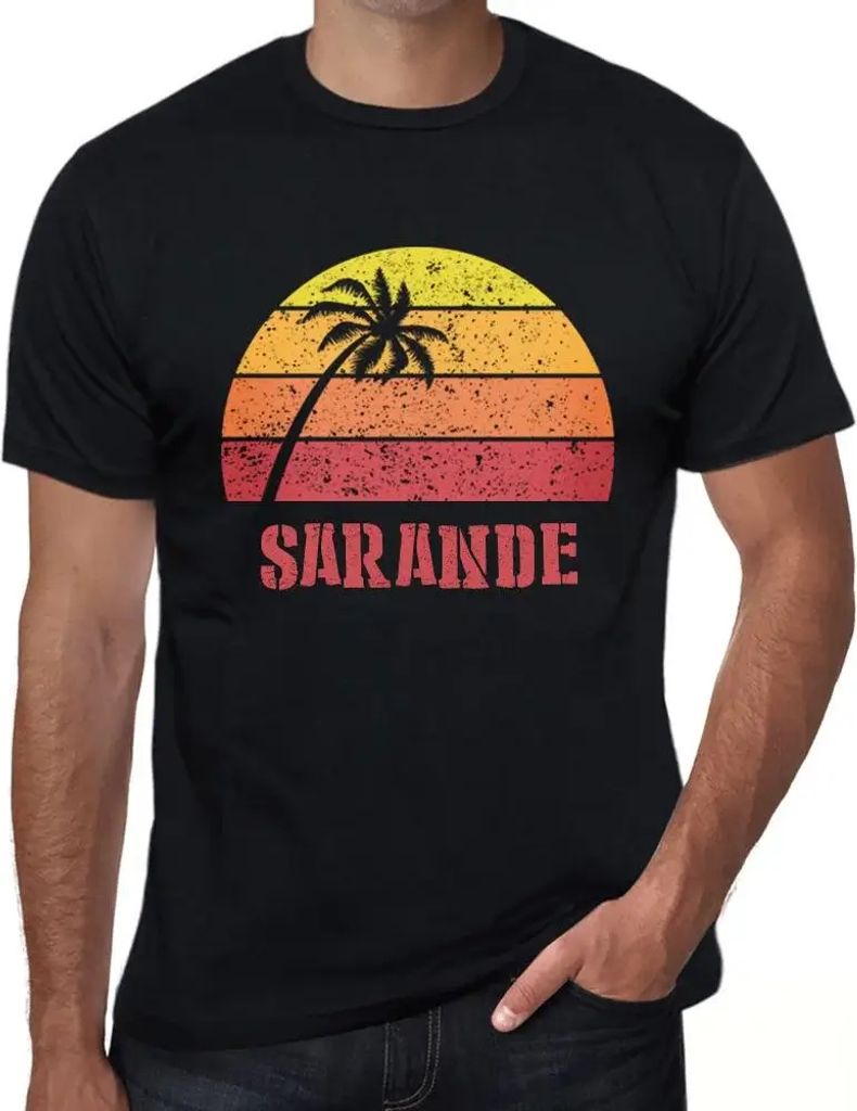 Herren Grafik T-Shirt Palme Strand Sonnenuntergang in Sarande – Palm, Beach, Sunset In Sarande – Öko-Verantwortlich Vintage Jahrgang Kurzarm L...
