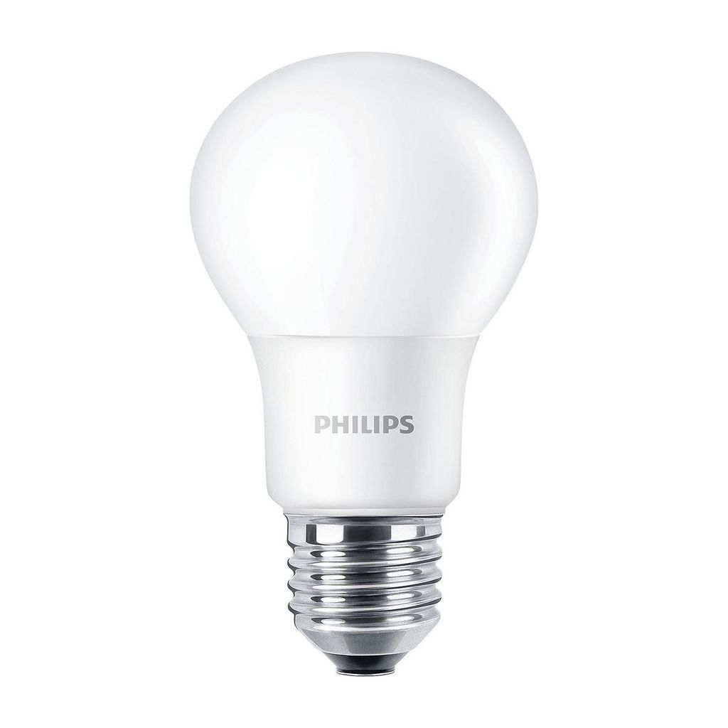 A white Philips LED light bulb on a white background.