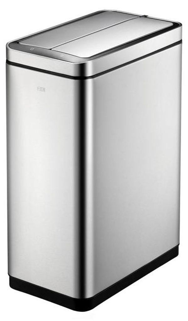 A studio shot of a stainless steel trash can.