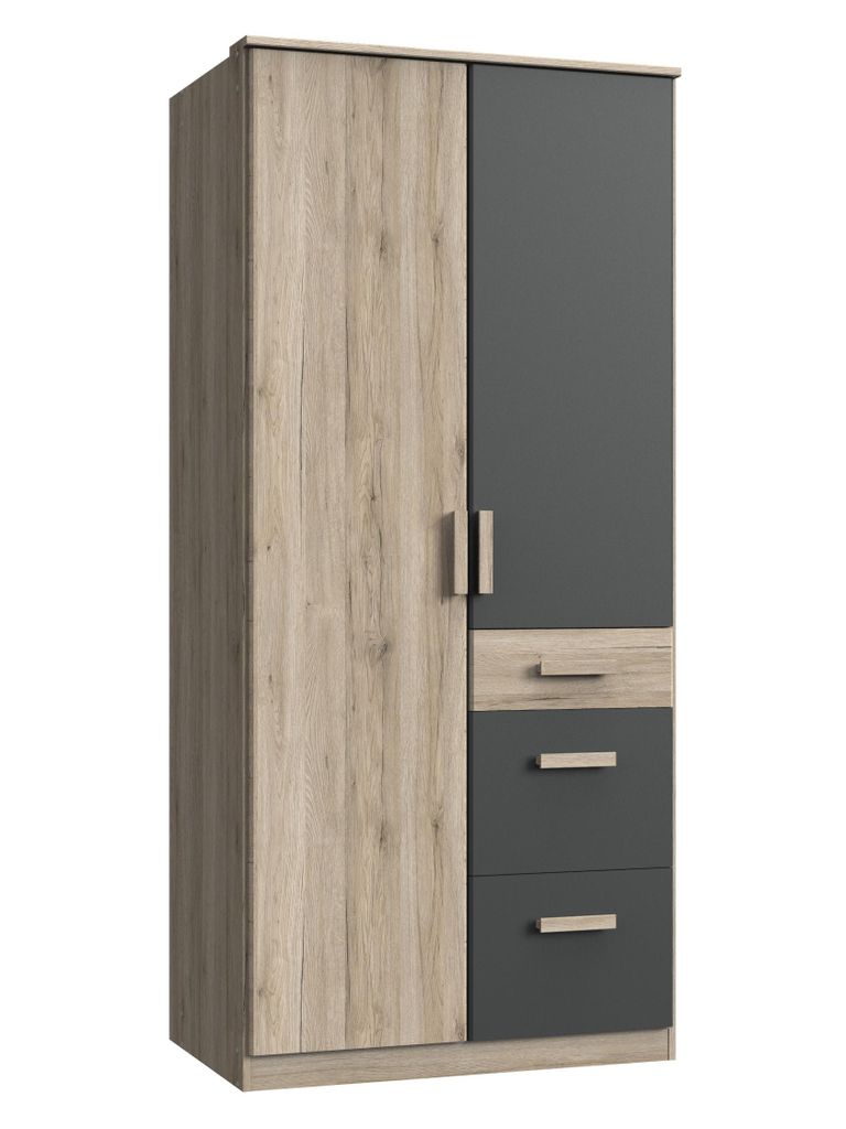 Drehtürenschrank CARIBA 91cm, 2türig, 3 Schubkästen, Nachbildung San-Remo Eiche Nachbildung/ Graphit, (BxHxTcm) 91x199x58cm, 356624