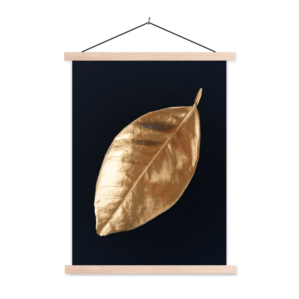 MuchoWow Textilposter Blätter - Schwarz und Gold - Luxus - Natur - Pflanzen 40x53 cm mit holzfarbenen Rahmen - Schlafzimmer