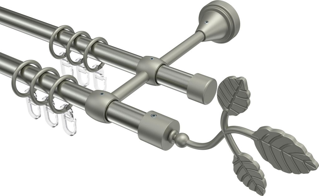Interdeco Gardinenstange / Vorhangstange Edelstahl-Optik / Chrom matt, Typ Primus Alessia (Blatt), 16 mm Ø 2-läufig, 160 cm