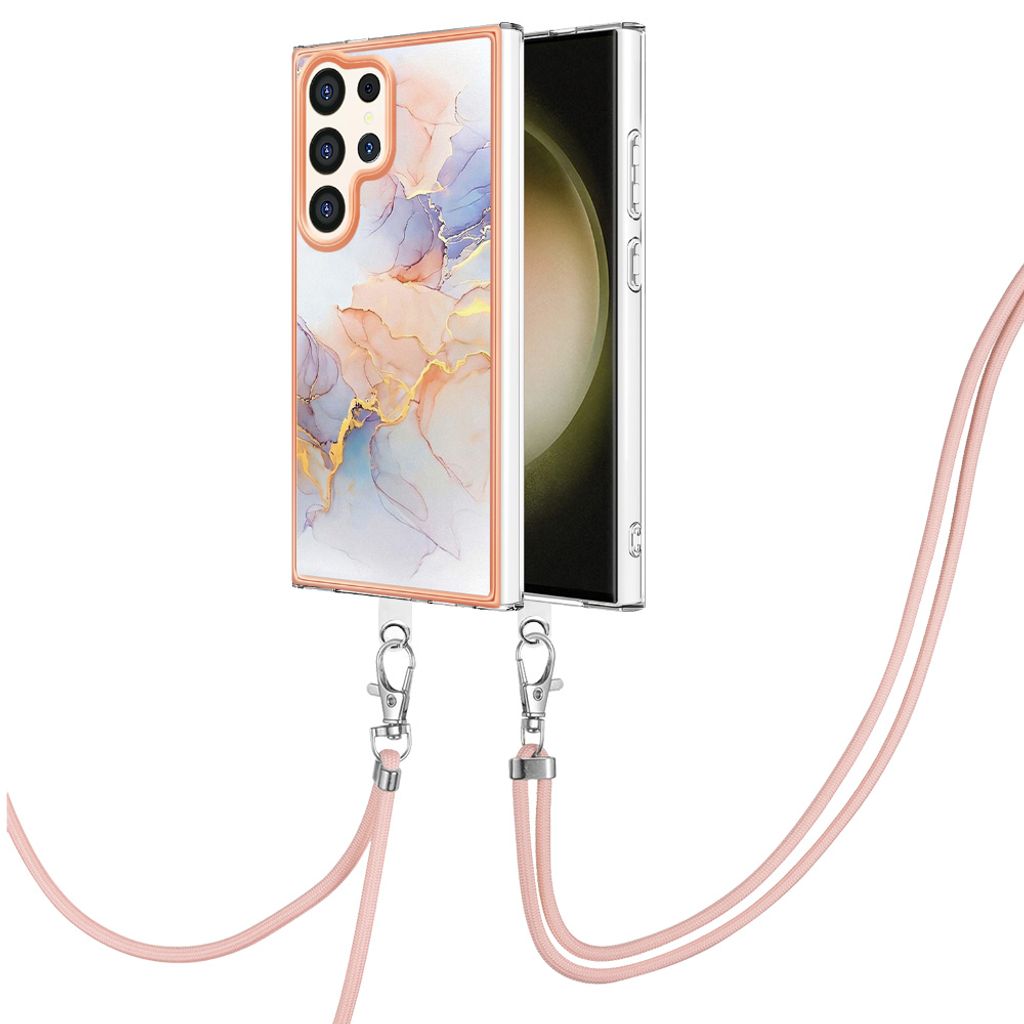 Handykette Hülle für Samsung Galaxy S24 Ultra Muster TPU Schutzhülle mit verstellbarem Tragegurt Grau