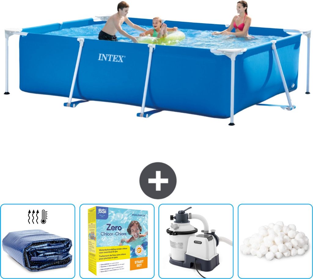 Intex-Schwimmbecken mit rechteckigem Rahmen – 300 x 200 x 75 cm – Blau – im Lieferumfang enthalten Sonnensegel - Wartungspaket - Filterpumpe ...