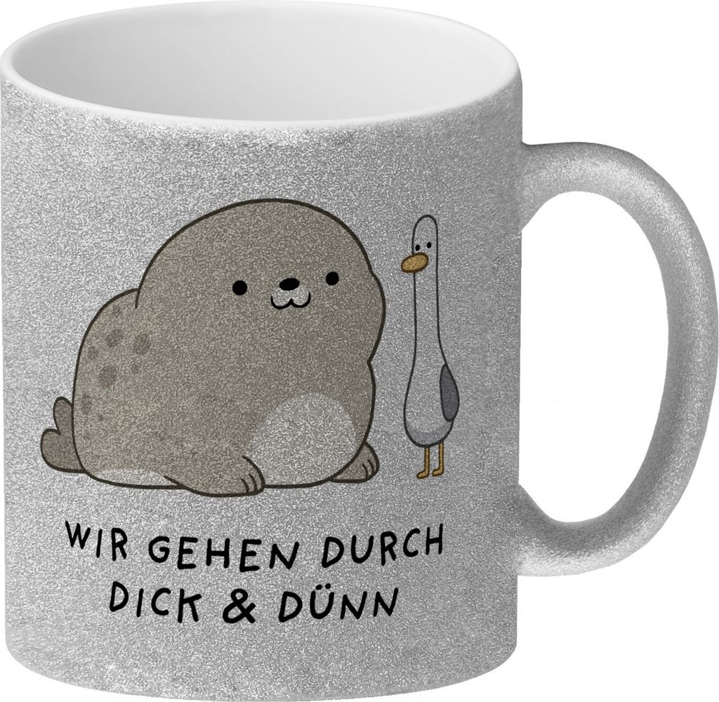 Jelly & Friends Robbe und Möwe Freundschaft Glitzer-Kaffeebecher mit Spruch