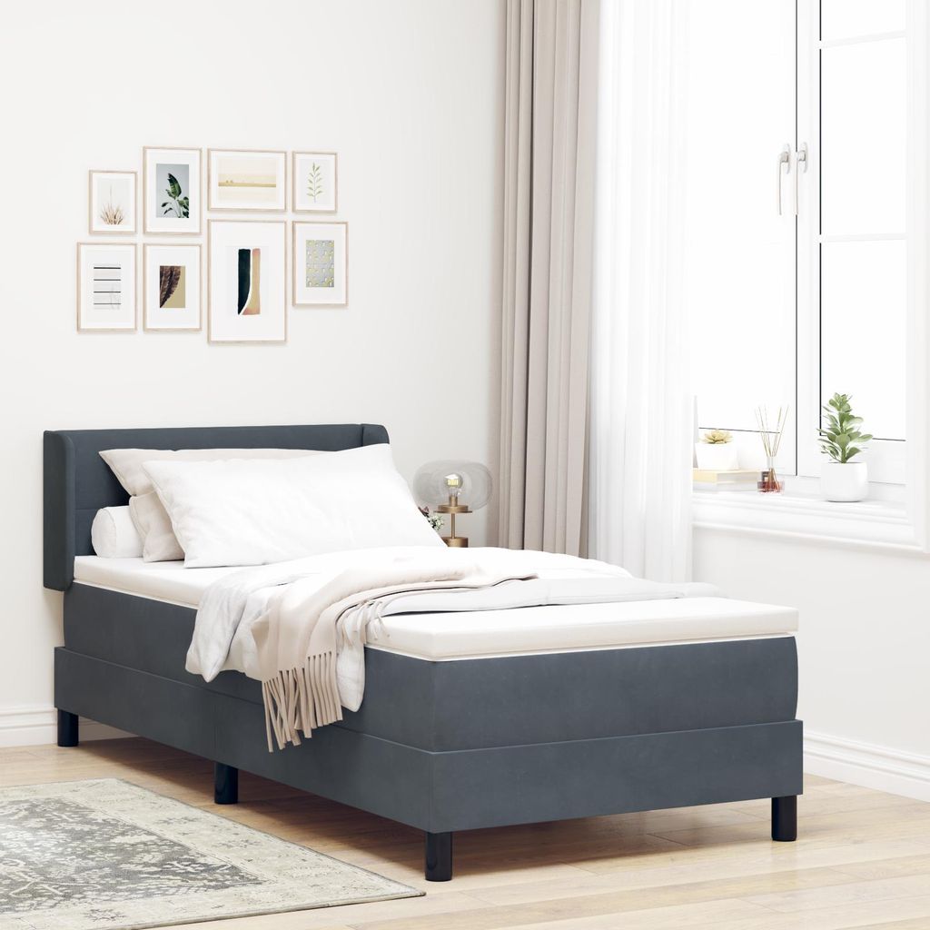 Boxspringbett mit Matratze Dunkelgrau 90x200 cm Samt, Design Möbel Klassische Betten Neu