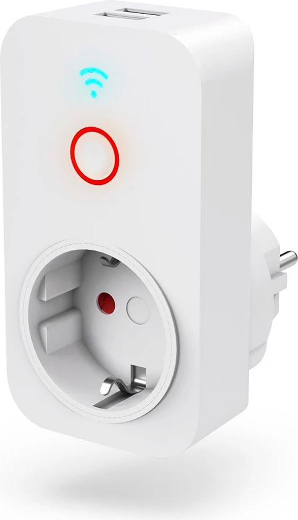 A white smart plug with USB ports and indicator lights.