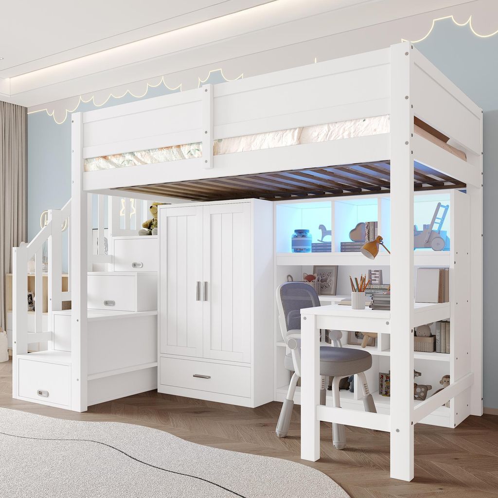 okwish Hochbett 90x200 Bettgestell mit Schreibtisch und Regal,Jugendbett mit Kleiderschrank und Stauraumtreppe,Kinderbett mit integrierte LED-Beleu...
