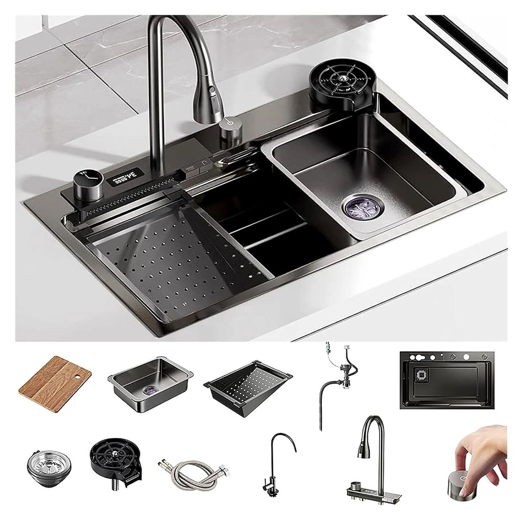Wasserfall-Spülenset für die Küche, Ausziehbarer Wasserhahn, Einzelspüle für Haushalt, Bar und Restaurant