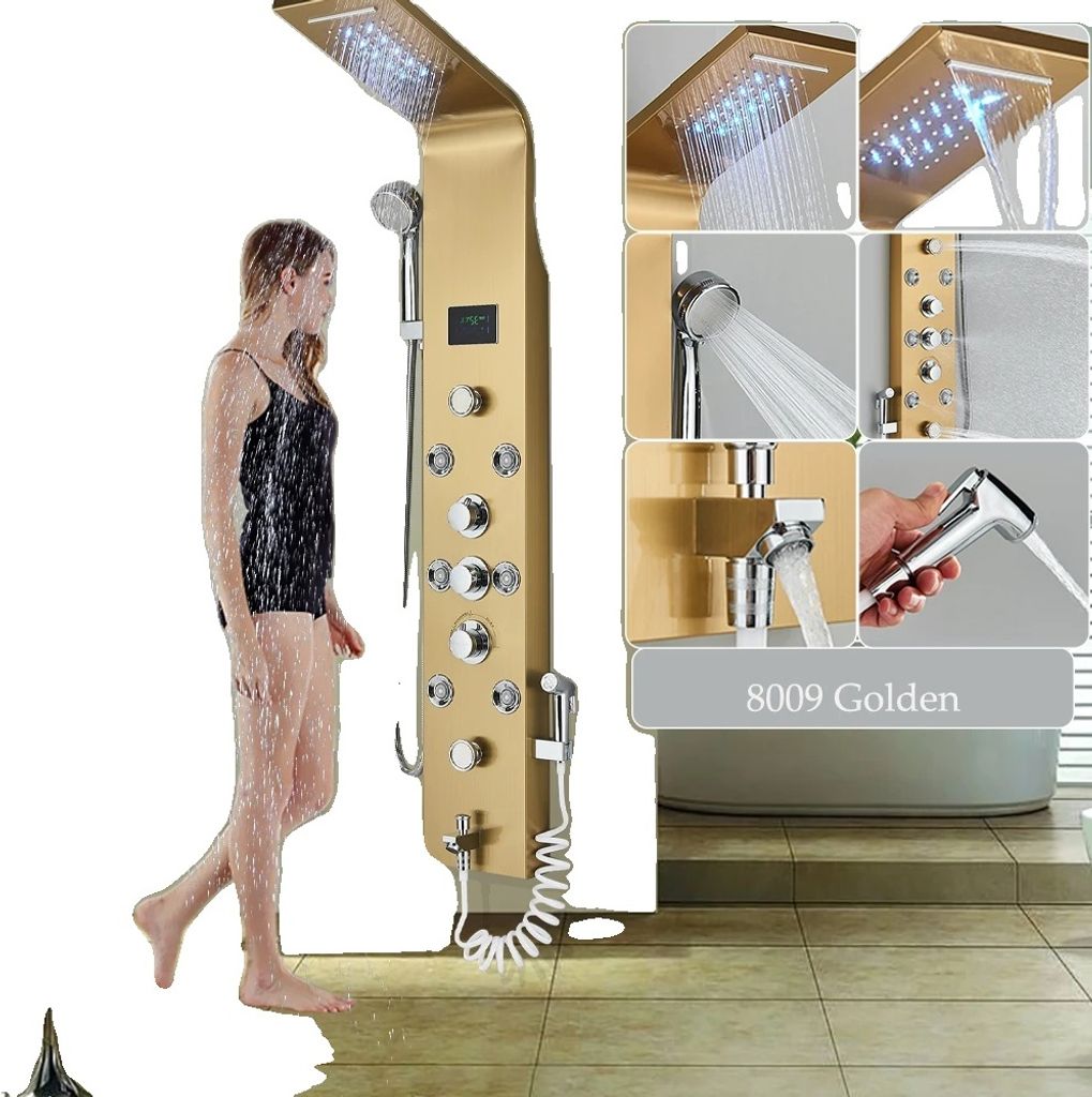 A collage of images showcasing a gold LED shower panel with a woman using it, close-ups of its features, and a bathtub.