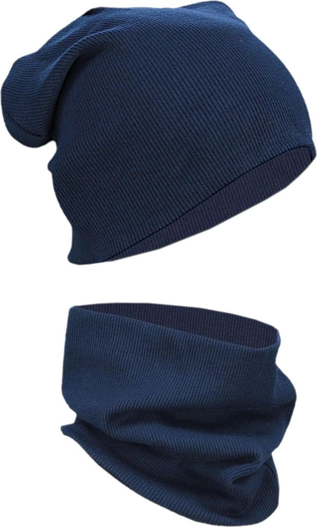 Alkato Uni Beanie Mütze und Schal Set Uni, Farbe: Rippstoff Dunkelblau, Größe: Einheitsgröße
