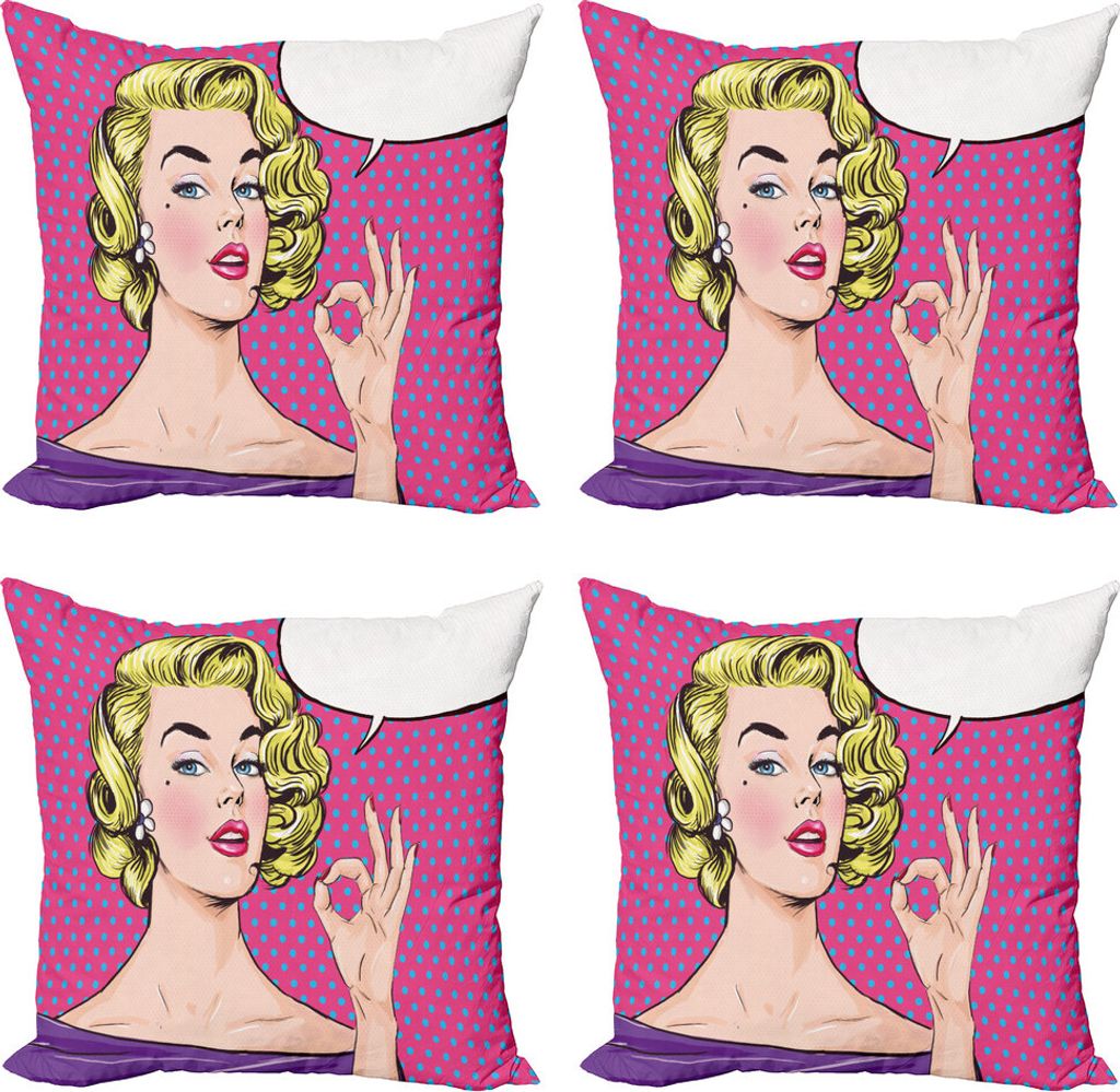 ABAKUHAUS Jahrgang Kissenbezug Set (4 Stück), Pop-Art-Frau OK-Zeichen, Moderner Doppelseitiger Digitaldruck, 50 cm x 50 cm, Mehrfarbig