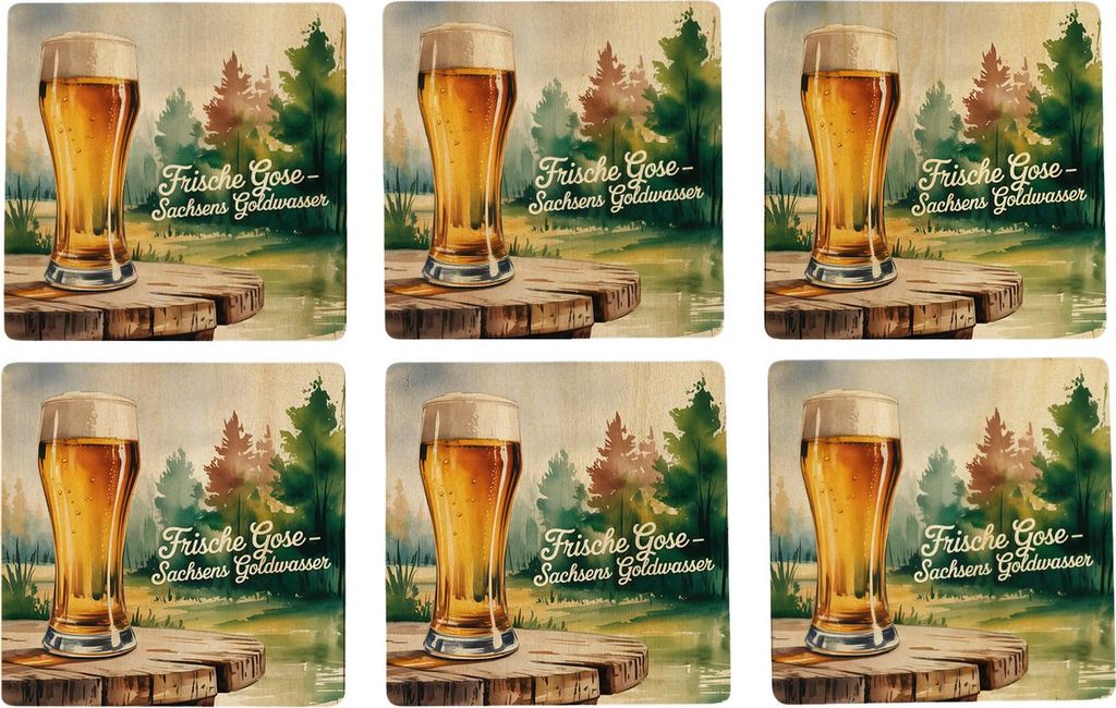 Region Sachsen Gose 6er Set Untersetzer aus Holz - Sachsens Goldwasser