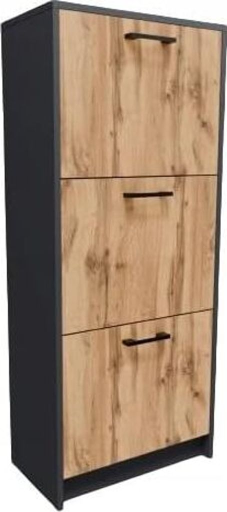 MATKAM Schuhschrank aus Holz 3S, in Schlichter Optik, B 50 x H 116 x T 28 cm, 3 ausklappbare Schuhablagen (Grau-Wotan Eiche)