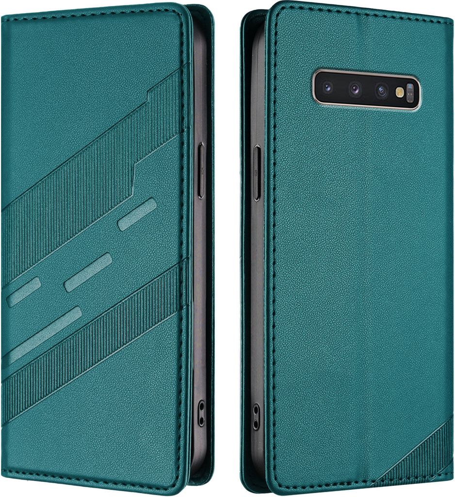 Hülle für Samsung Galaxy S10+, Kunstleder Brieftaschen Handyhülle mit Kartenfach und Standfunktion Grün