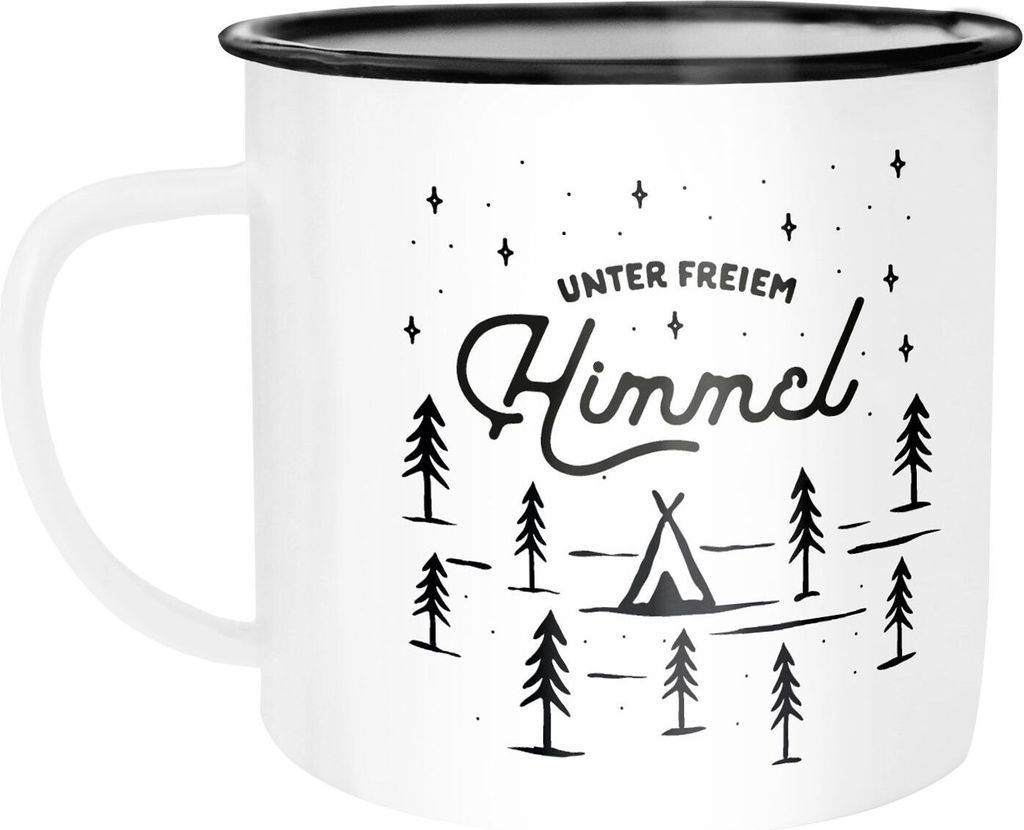 Emaille Tasse Becher Outdoor Design Spruch "unter freiem Himmel" Travelling Camping Trekking Kaffeetasse Moonworks weiß-schwarz Emailletasse