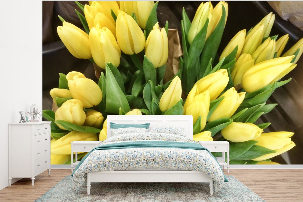 MuchoWow Fototapete für Wohnzimmer oder Schlafzimmer Wandtapete Vinyl Motivtapete Blumenstrauß aus gelben Tulpen - 295x220 cm - Wand Tapete