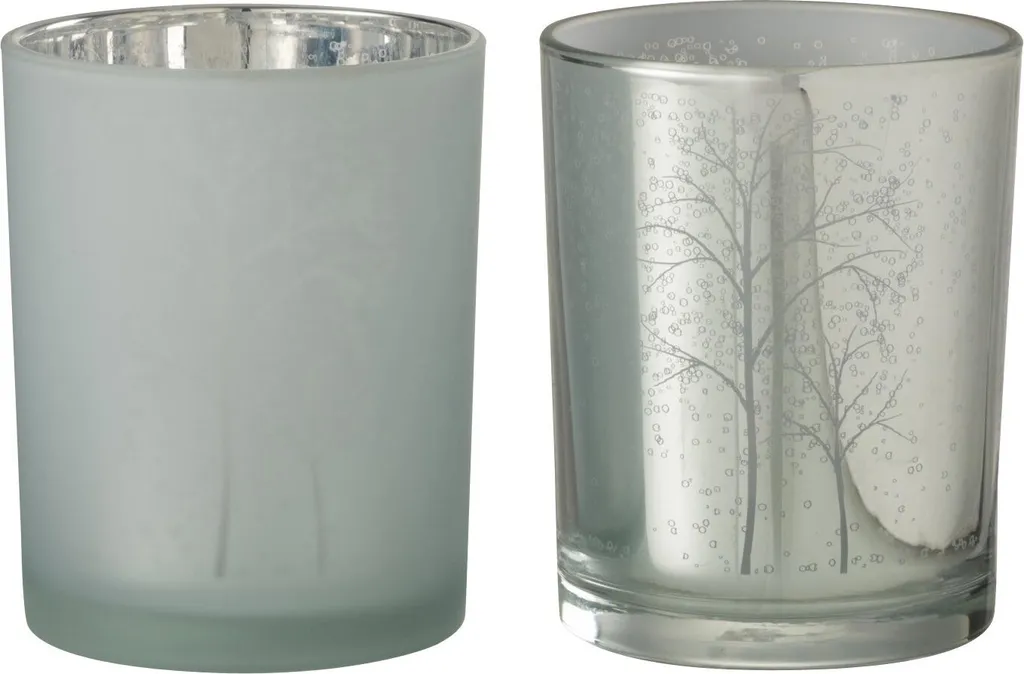 Photophore Décoration Noël Arbre Argenté et Blanc J-Line Verre - Lot de 2