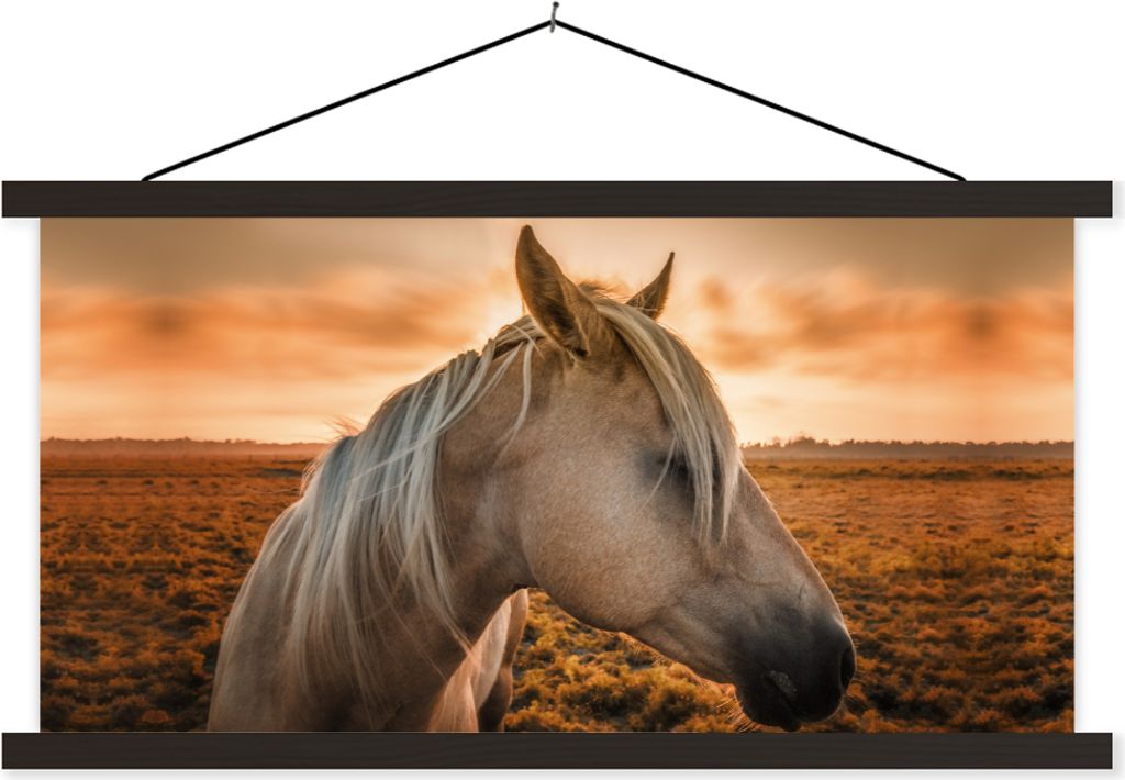 MuchoWow Textilposter Pferd - Sonne - Sand 90x45 cm mit schwarzem Rahmen - Klemmleisten