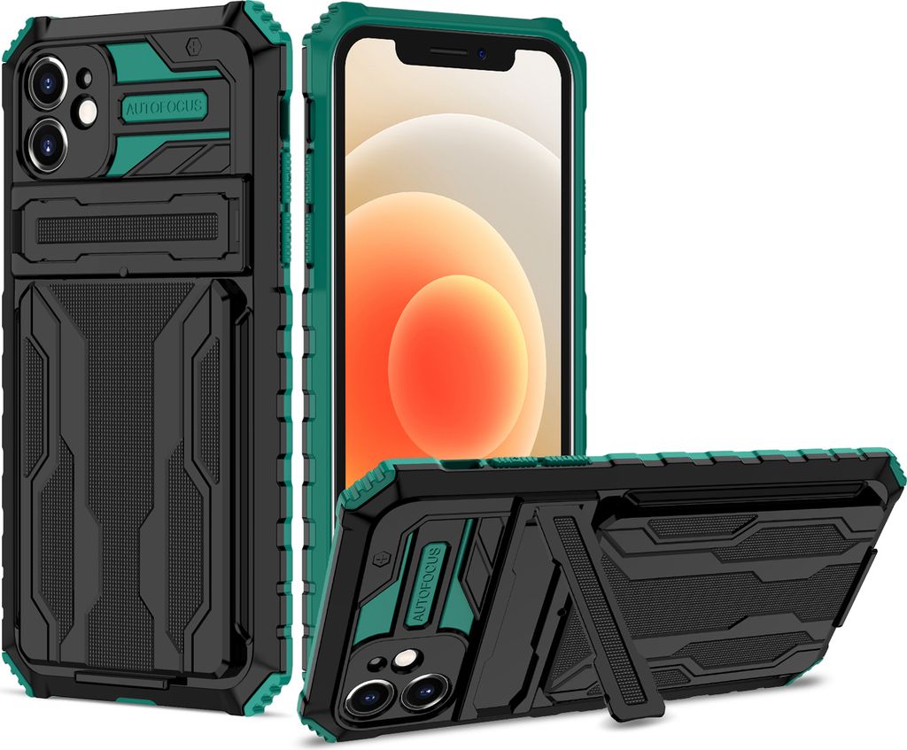 iPhone 12 Hülle, Hybrid Robust Schutz Stoßfest Schutzhülle mit Kartenhalter Ständer für iPhone 12 Grün