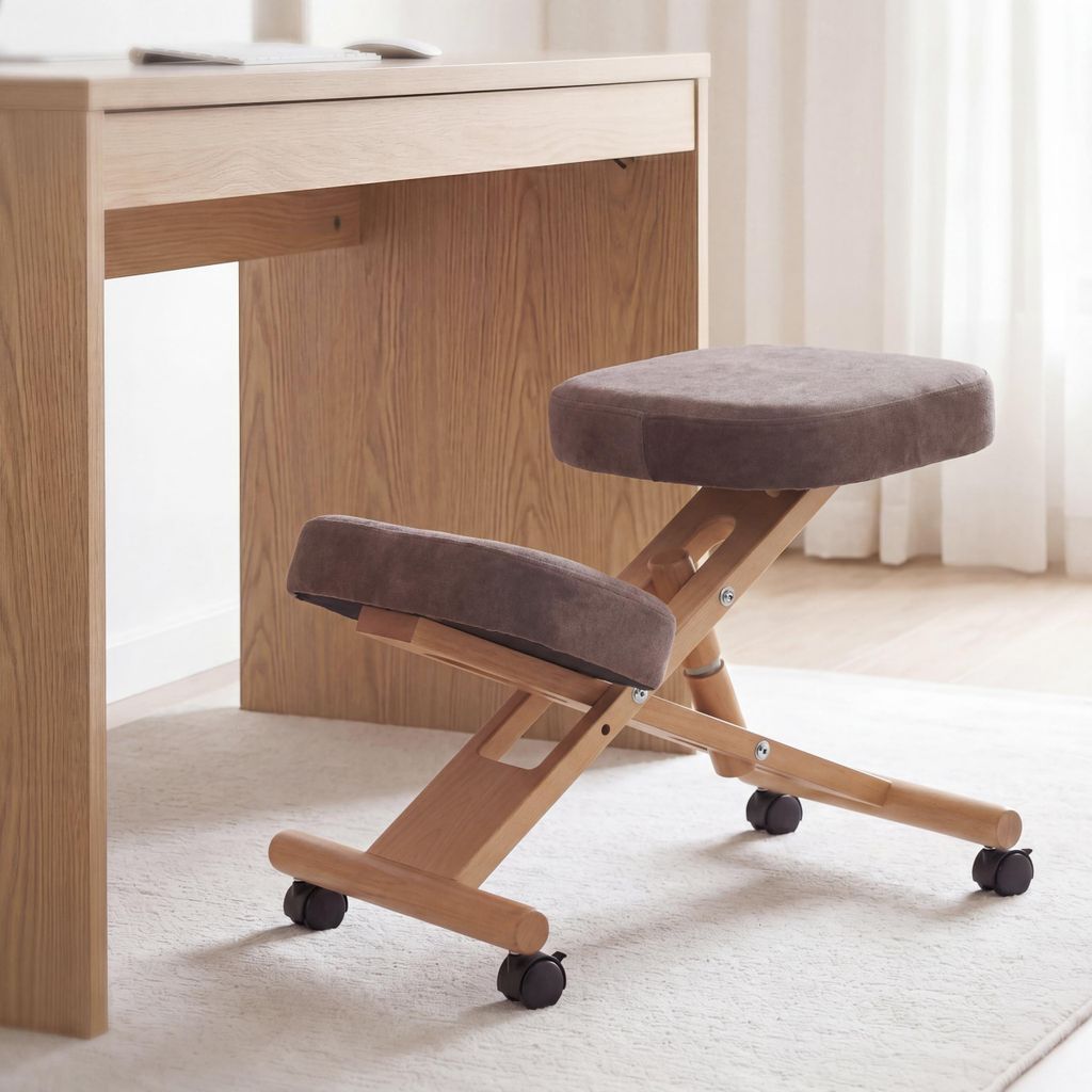 Kniestuhl MCW-Q46, Sitz-/Kniehocker höhenverstellbar Rollen Stoff/Textil (200g/m²) Holz braun