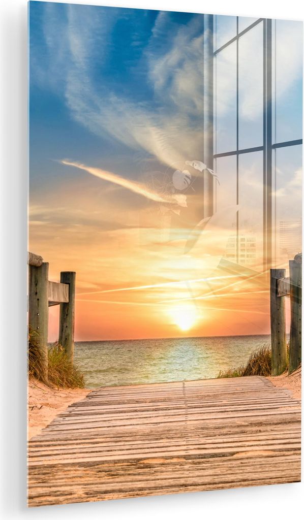 MuchoWow Glasbilder - Bilder auf Wandbild - Foto auf Glas Strand - Sonnenuntergang - Weg - Dünen 20x30 cm Wanddekoration aus Glas - Acrylglasbild ...