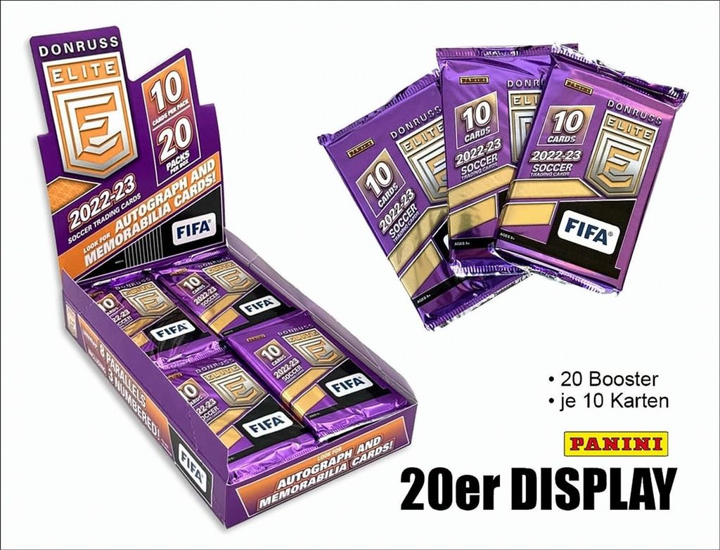A display box of Panini FIFA trading card packs, with some loose packs shown next to it.