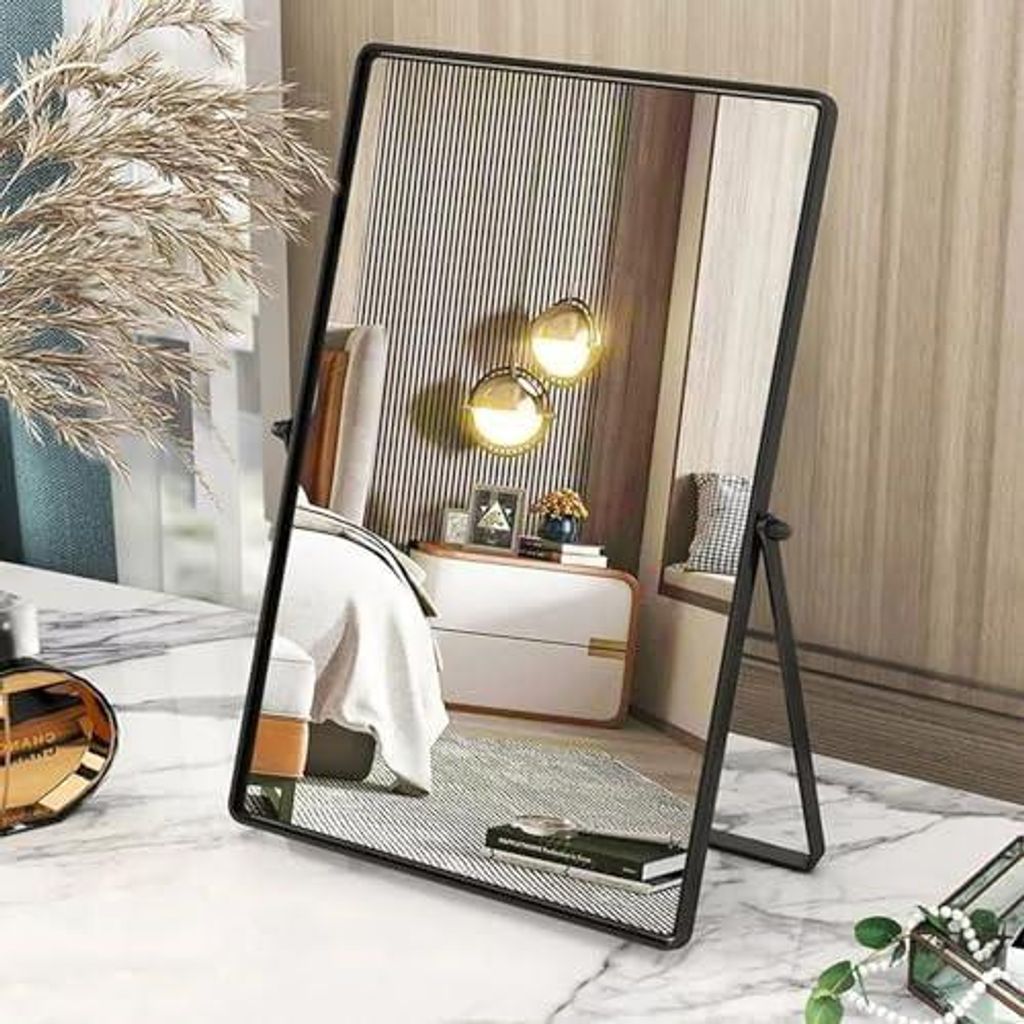 Schwarzer Tischspiegel - tragbarer Kosmetikspiegel mit Metallrahmen, rechteckiger Schreibtischspiegel für Schlafzimmer, Wohnzimmer und Büro - 30 ...