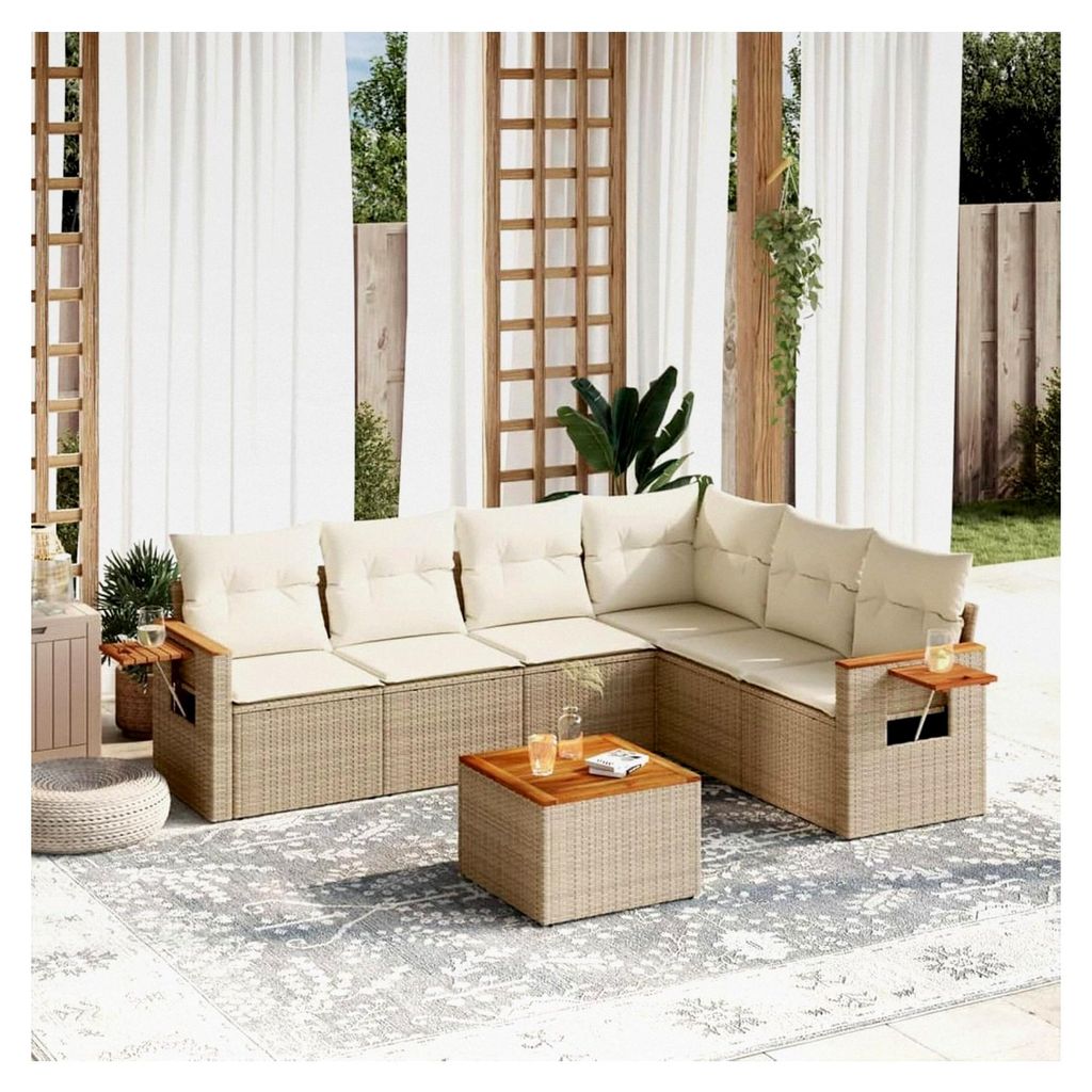 Gartenmöbel-Set, 7-teilig mit Kissen, Polyrattan, Beige
