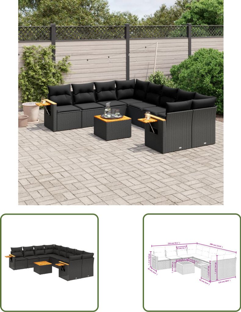 The Living Store 9-tlg. Garten-Sofagarnitur mit Kissen Schwarz Poly Rattan