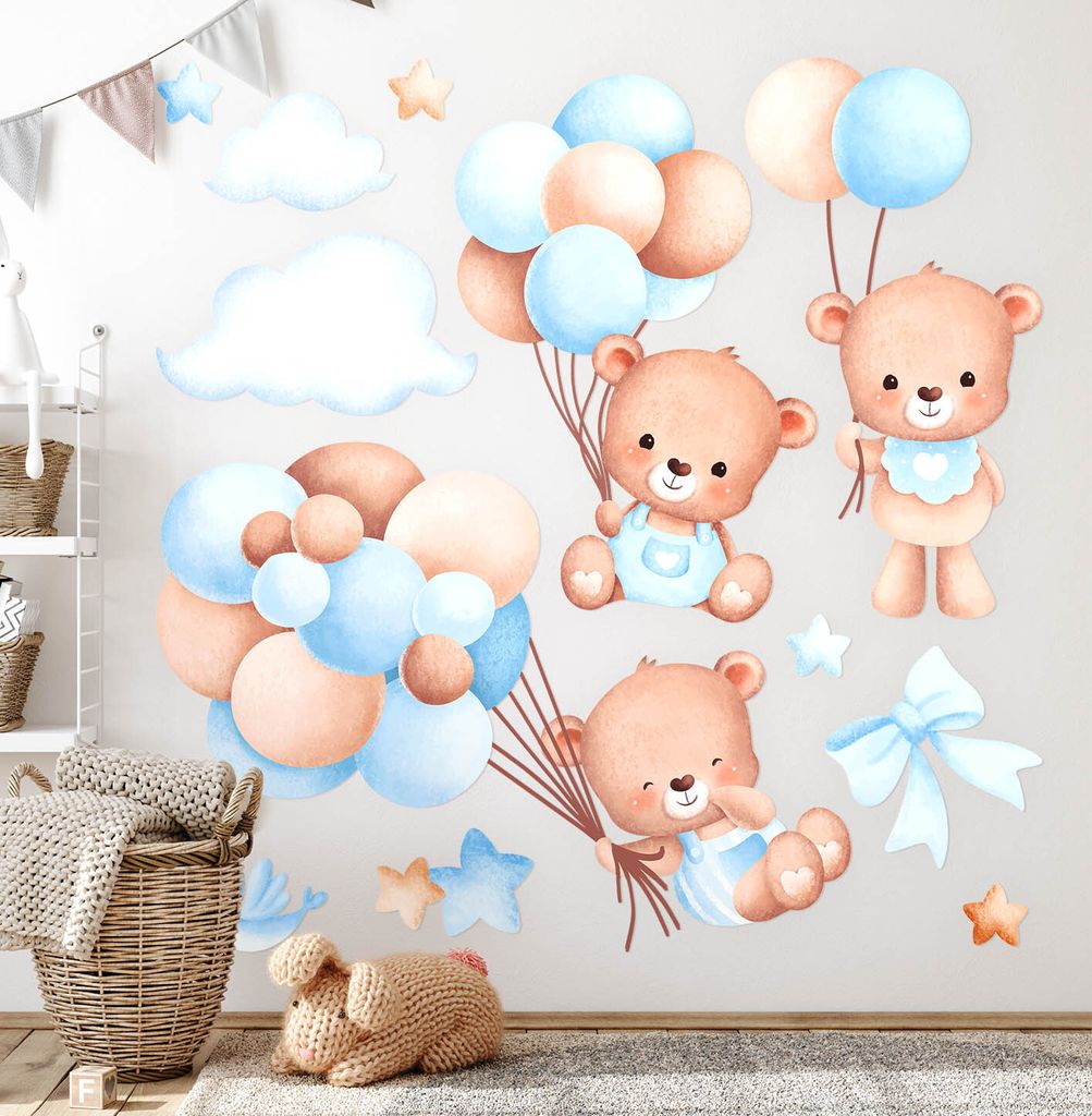 Teddybären mit Luftballons– Wandgestaltung – Wandbilder Kinder – Motivtapeten Set – Wanddekor Kinderzimmer – Selbstklebende Wandsticker ...