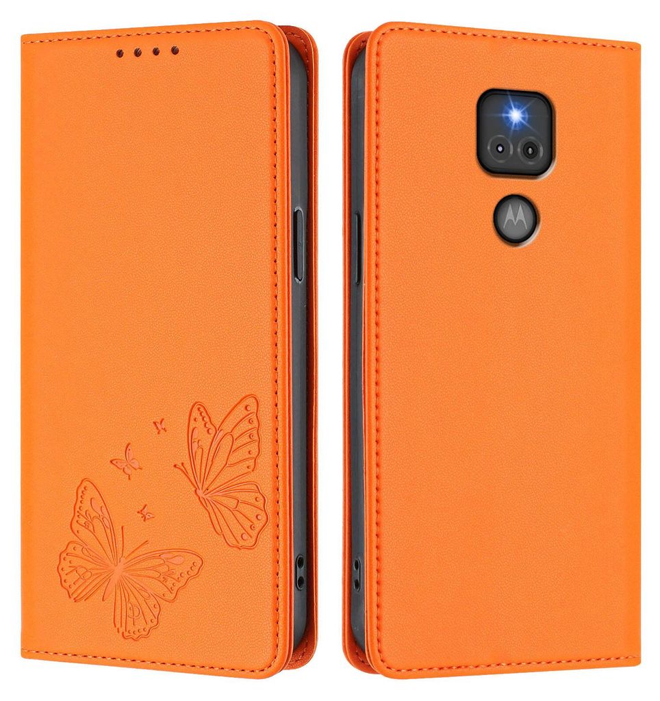 Lederhülle für Motorola Moto G Play 2021, Schmetterling Prägung Leder Brieftasche Schutzhülle mit Ständer Orange