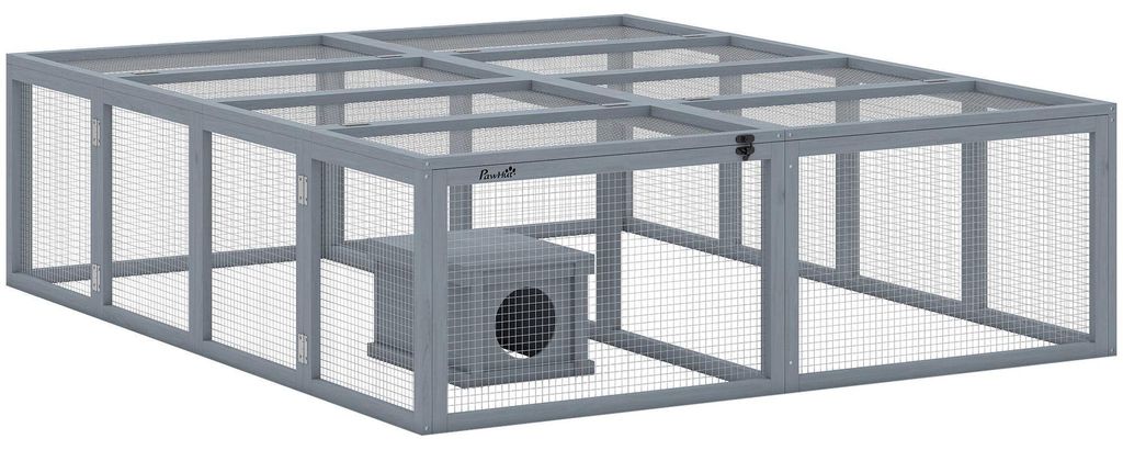 Kaninchenstall mit großem Auslauf, modulares Design, graues Holz