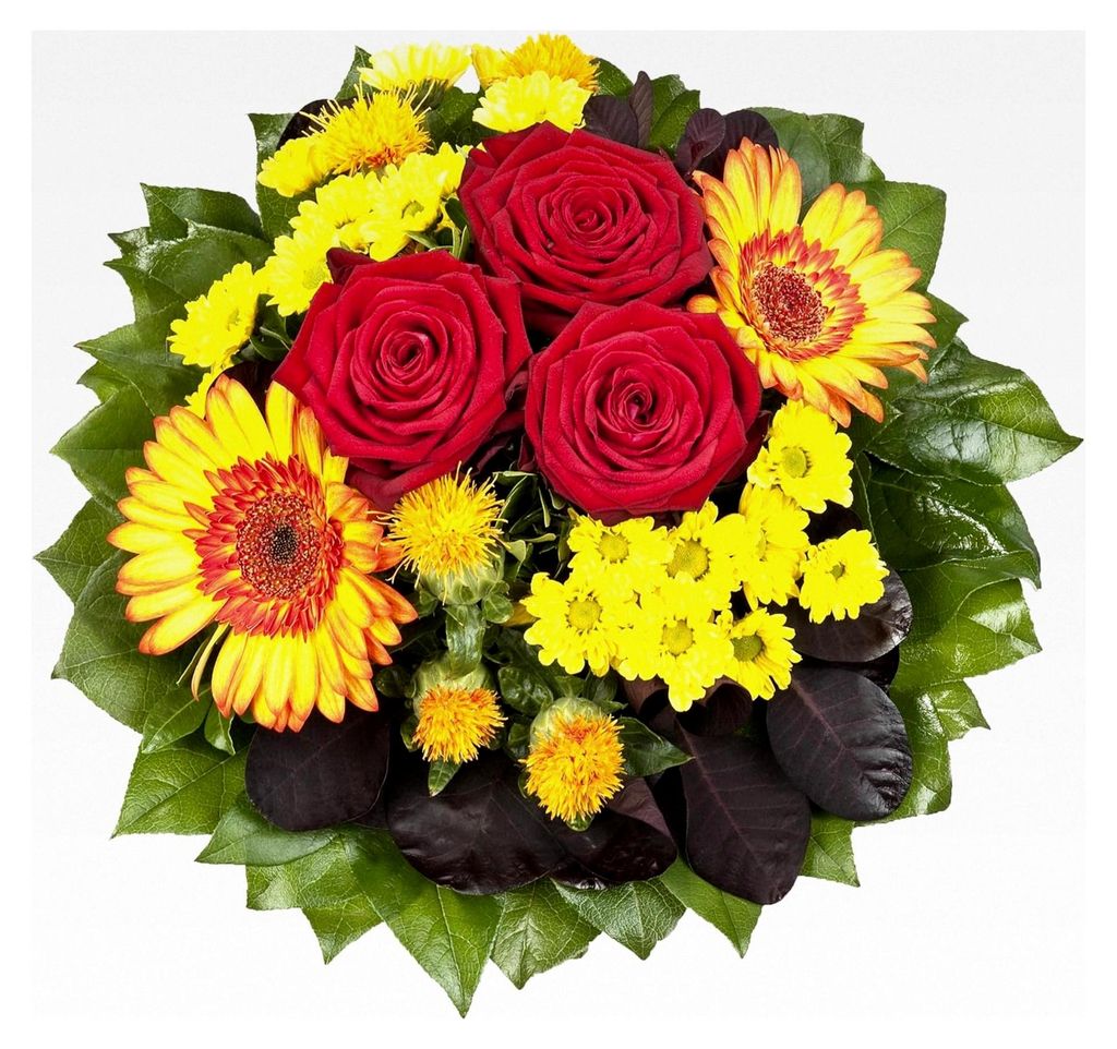 Blumenstrauß "Blütenmeer" mit roten Rosen, Färberdistel, Chrysanthemen und Gerbera