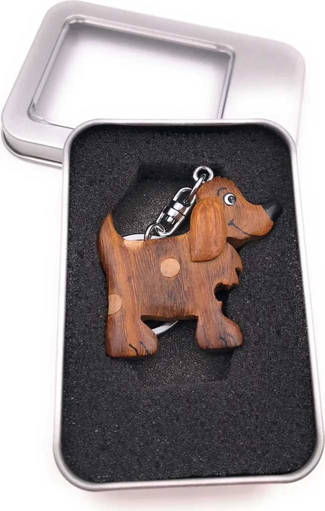 Portachiavi Legno Naturale Cane: Ciondolo Artigianale in Scatola