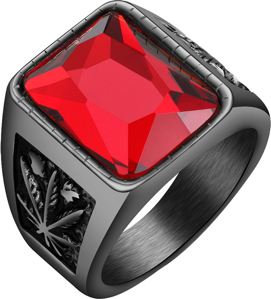 Männer Quadrat Strass geschnitzt Ahornblatt Band Titan Stahl Ring Schmuck Geschenk-Schwarz Rot,US 7