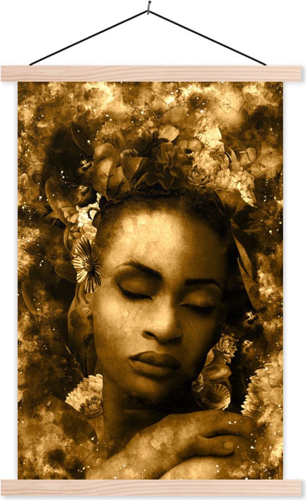 MuchoWow Textilposter Frau - Blumen - Sepia 40x60 cm mit holzfarbenen Rahmen - Poster