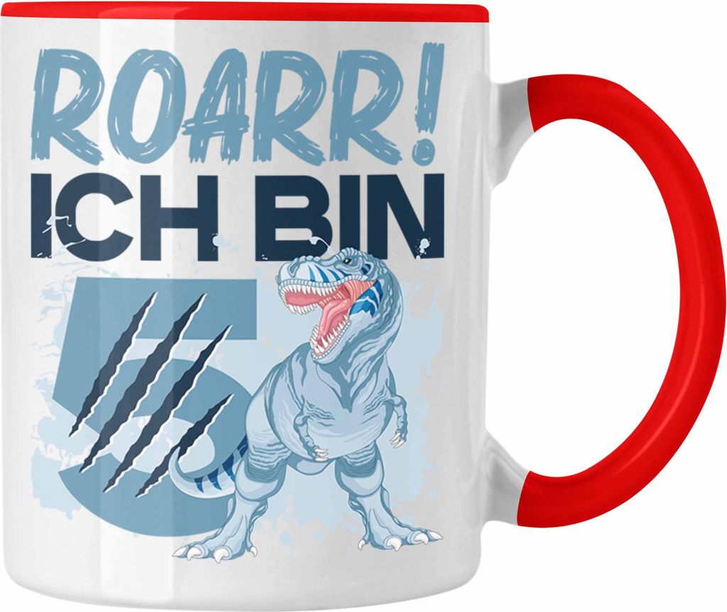 Trendation - Roarr Ich Bin 5 Geschenk 5er Geburtstag Geschenkidee Jungs Dinosaurier Tasse Becher T-rex (Rot)