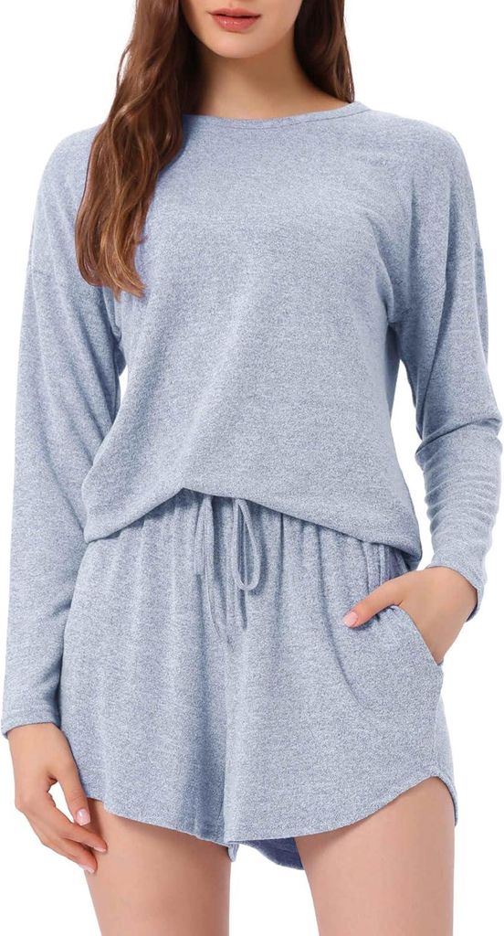 Damen-Loungewear-Set Jogginganzug Schlafanzug T-Shirt Langarm Shorts Blau S
