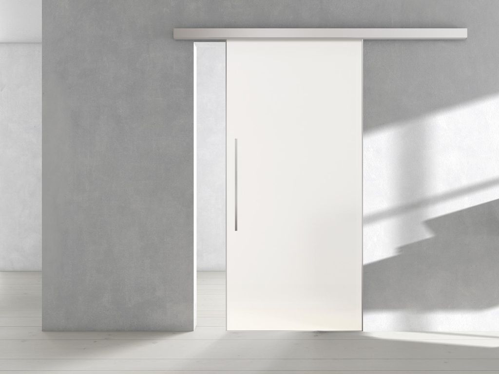 Griffwerk Glasschiebetür (ESG) inkl. Rahmen ESG PURE WHITE matt FROSTED 935x2058x8mm inkl. AIR silent Edelstahl-Optik matt