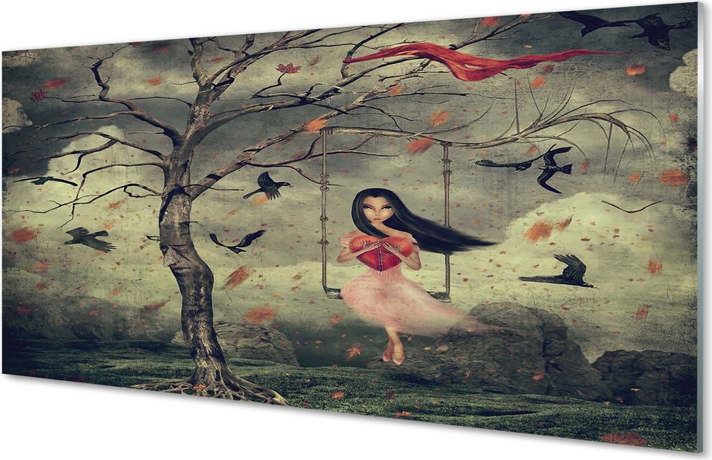 Glasbilder 120x60 Wandkunst Baum Vögel Wolken Mädchen Felsen