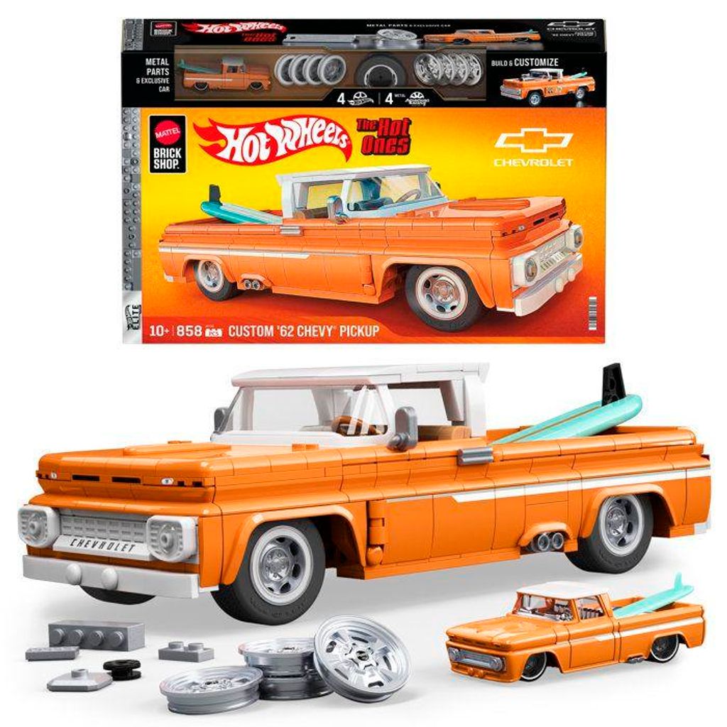 Hot Wheels Custom Chevy Pickup 1962 Bausatz, Mattel Brick Shop, Maßstab 1/16, Inklusive Metallauto