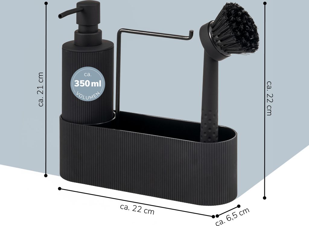 Spülbecken Organizer Set Schwarz - Seifenspender Mit Bürste Und Schwamm