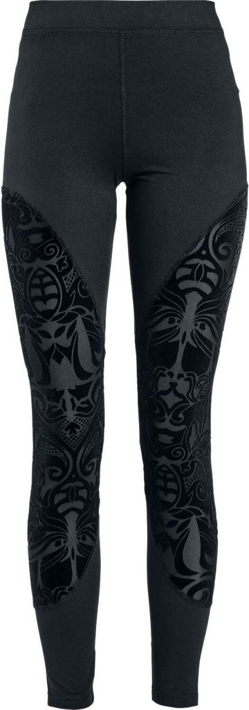 Gothicana by EMP Damen schwarze Leggings mit Einsätzen und Flockprint 4XL