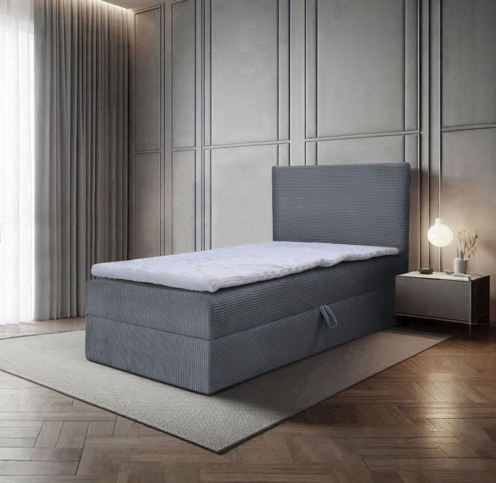 Bett, Boxspringbett, Continentalbett BERG POSO MINI mit Bonell Matratze, Einzelbett mit Container, H3 (80x200 cm, Dunkelgrau - Poso 115, Topper Visco)