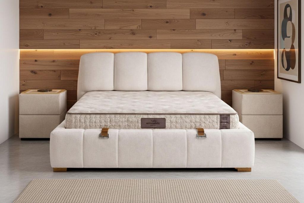 Schlafzimmer-Set Moderner Stil Beigefarben Bett mit Stauraum Stoffbezug