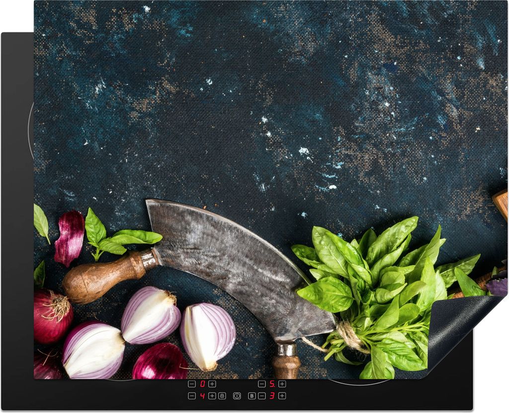 KitchenYeah Herdabdeckplatte Gemüse - Kräuter - Wiegemesser - Zwiebel - Gewürze - Rustikal , 65x52cm, Küche Deko, Glaskeramikfeld Herdabdecku...