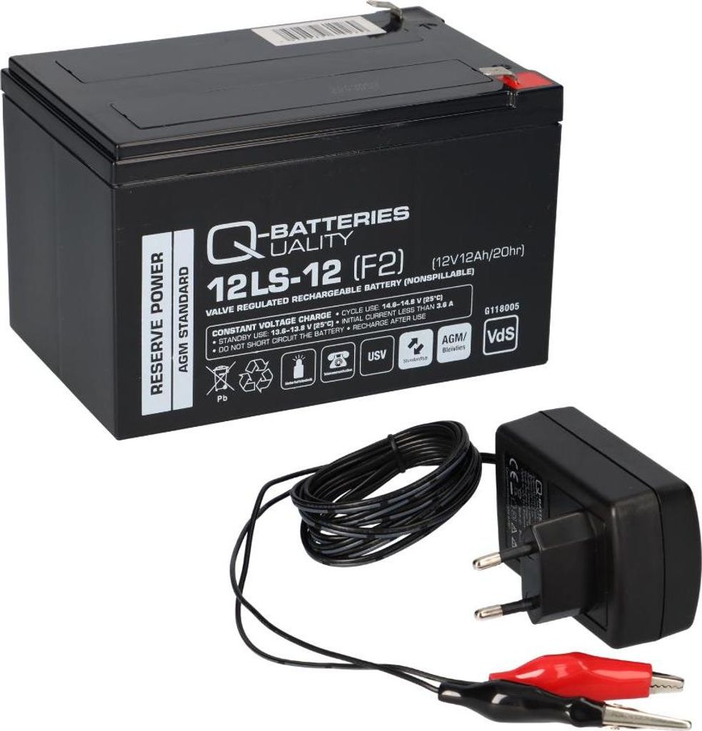 Bleiakku 12V 12Ah + Ladegerät 1A kompatibel 14Ah 15Ah AGM Bleigel QB