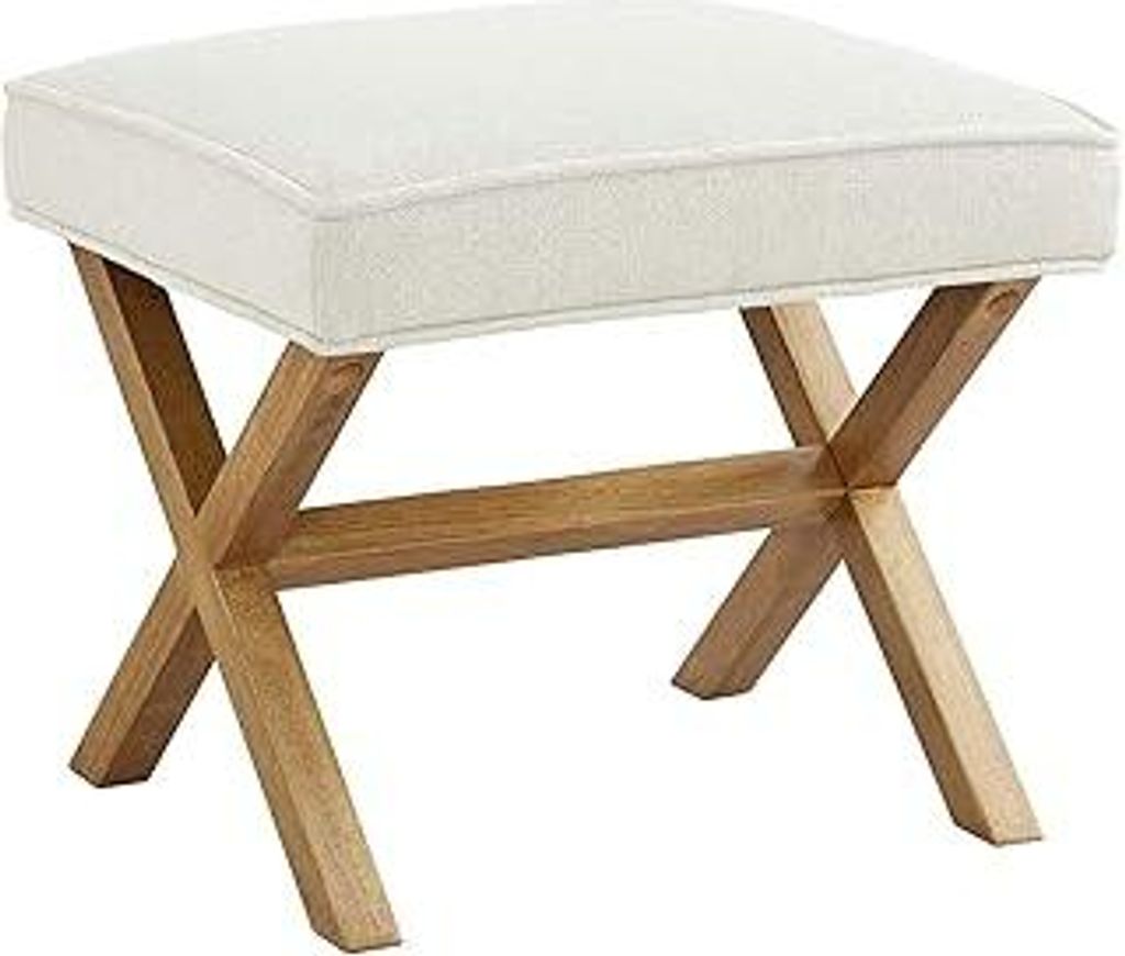 Moderner Polsterhocker, gepolstert, quadratisch, für Eingangsbereich, Flur, Wohnzimmer, Leinen, Massivholz, Elfenbeinfarben, 45.7 x 50.8 x 45.7 cm