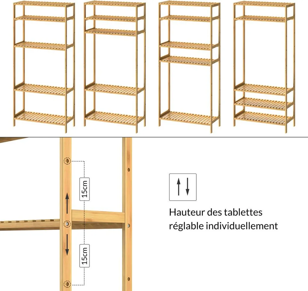 Étagère bambou ajustable 5 niveaux 130cm charge 50kg haute résistance